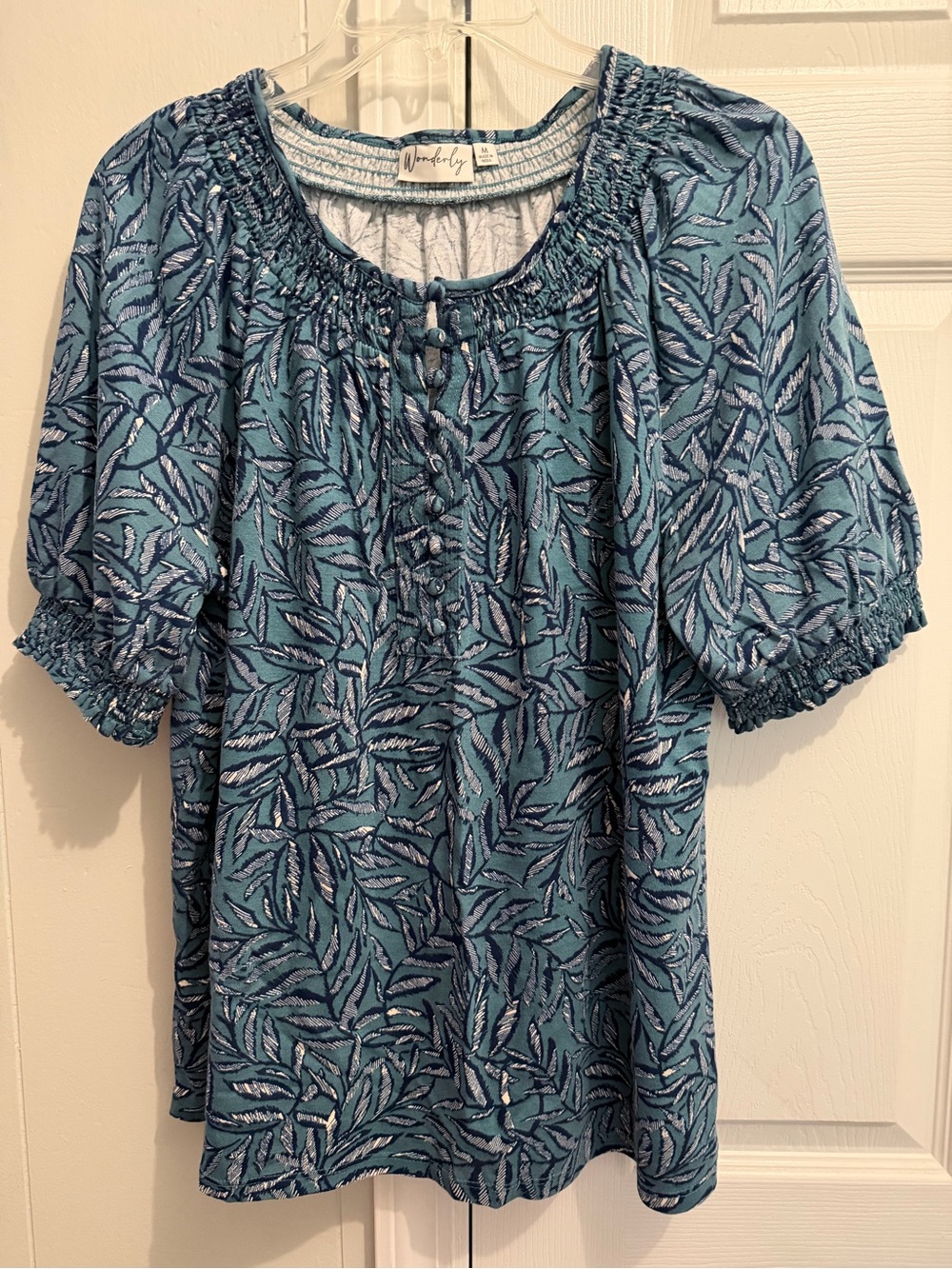 Wonderly Teal Leaf Print Smocked Peasant Blouse